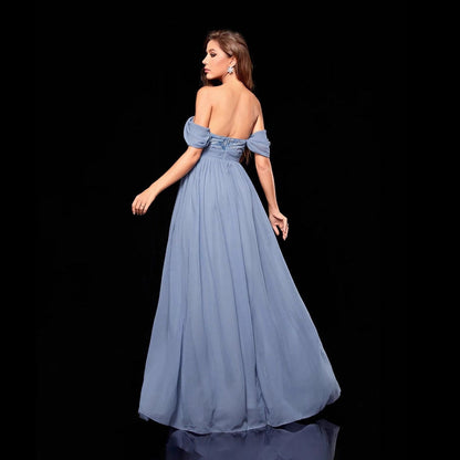 Off-Shoulder Lace Bodice Ruched Waist Pleated Chiffon Maxi Gown