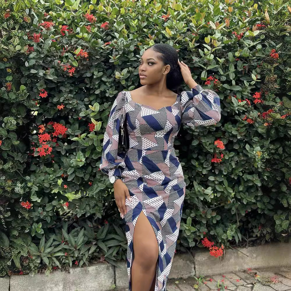 Square Neck Puff Sleeve Geometric Polka Dot Print High Slit Midi Dress