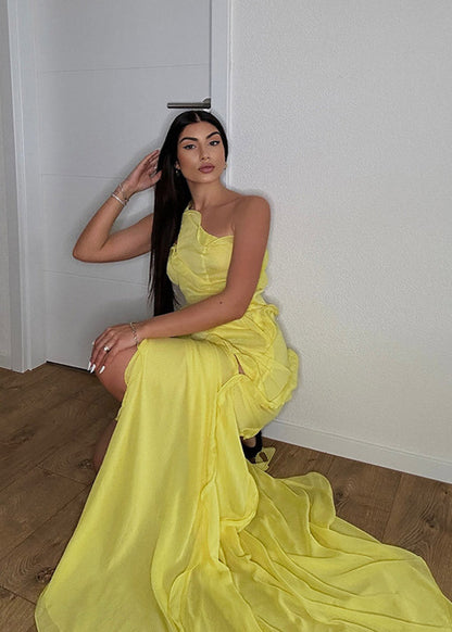 Solara – One-Shoulder Ruffle Slit Gown