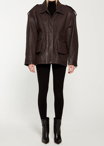 Noir Edge - Dark Brown Leather Jacket with Utility Pockets