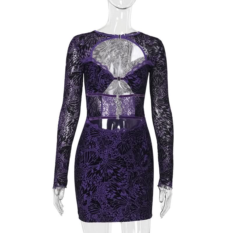 Long sleeve hollow out lace button cut out mini dress