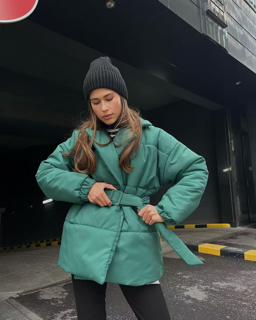 Tie Waist Cotton V-Neck Puffer Jacket