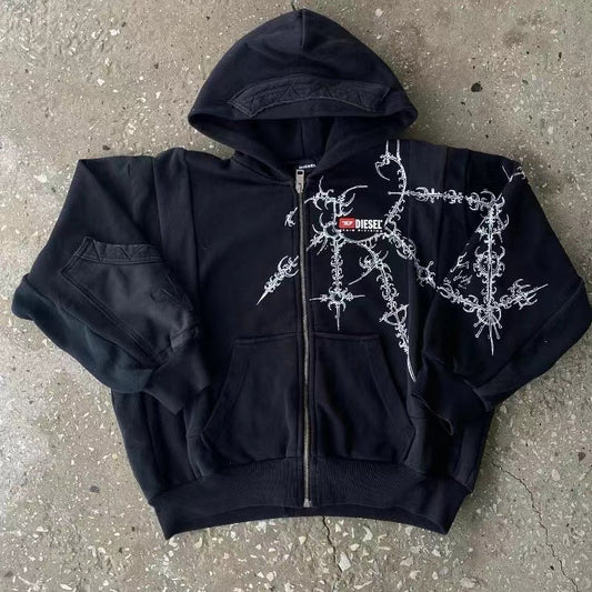 Skull Butterfly Graphic Print Zip Hoodie