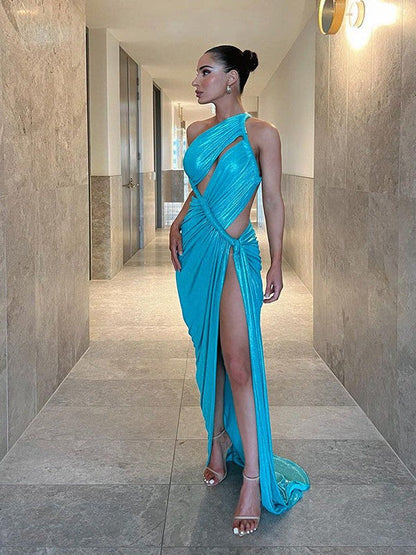 Oblique Shoulder Sheath High Slit Maxi Dress