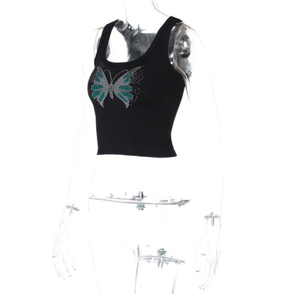 Beaded butterfly pattern u neck ribbed top
