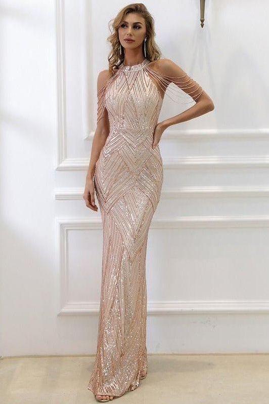 Tassel sequin host fishtail long slim dress