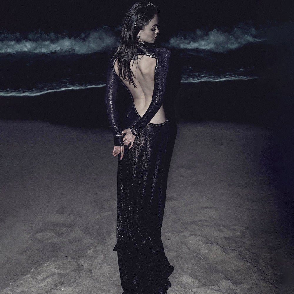 Long Sleeve Sequin Open Back High Slit Floor Length Maxi Gown