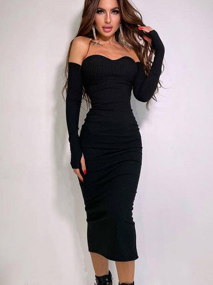 Knitted Off Shoulder Long Sleeve Tube Top Dress