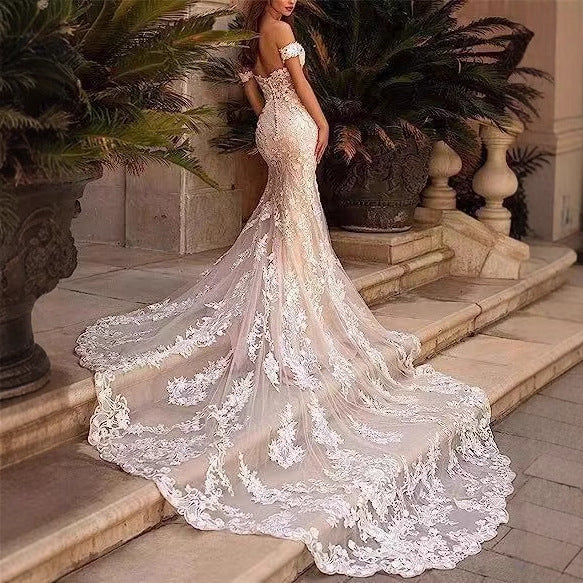 Off-Shoulder Sheer Tulle Bridal Wedding Dress