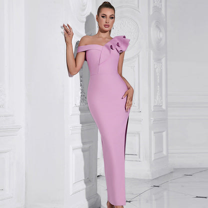 One-Shoulder Ruffle Trim High Slit Bodycon Maxi Dress