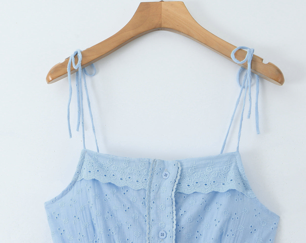 Blue – Embroidered Patchwork Spaghetti Strap Dress