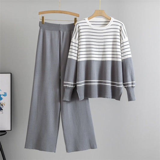 Gray - Striped Knitted Loose Two Piece Set
