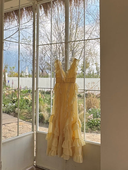 Sunset Ruffle Asymmetrical Maxi Dress Romantic Flowy Vacation Look gunne sax vintage dress