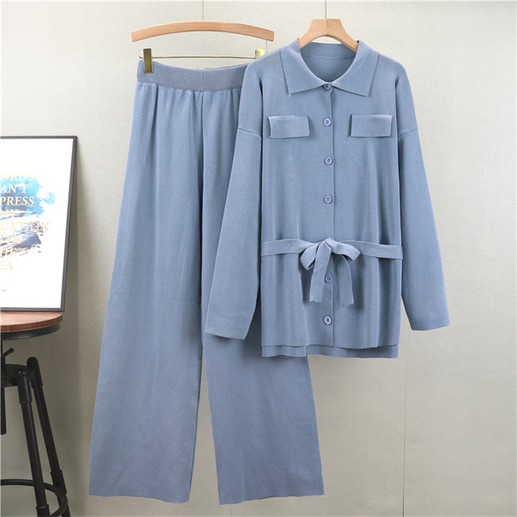 Blue - Loose Mid-Length Lapel Two Piece Set