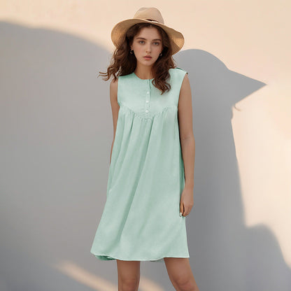 Sleeveless Round Neck Button Front Yoke Pleated Gathered A-Line Mini Dress
