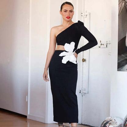 Black Long Sleeve Single Piece Diagonal Collar Dress Bandage Dress