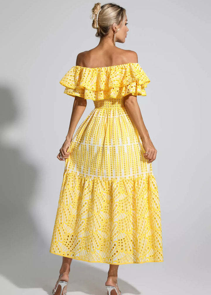 Soleia Ruffle Off-Shoulder Dress – EmbroideRed Boho Midi