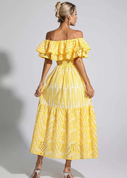 Soleia Ruffle Off-Shoulder Dress – EmbroideRed Boho Midi