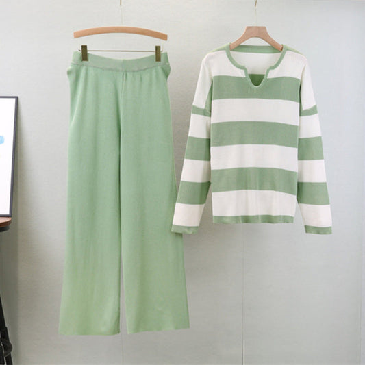 Light Green - Striped Knit Top & Pants Set
