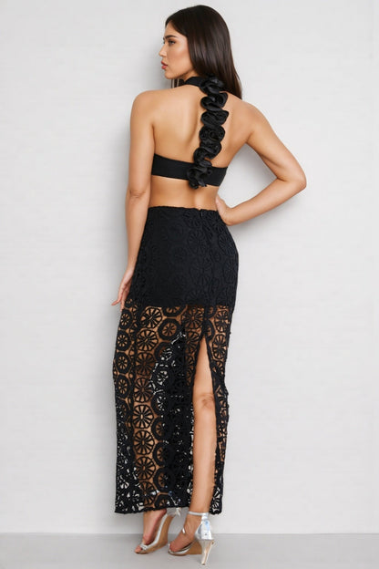 Yanld Black 3D Lace Ruffled Maxi Dress