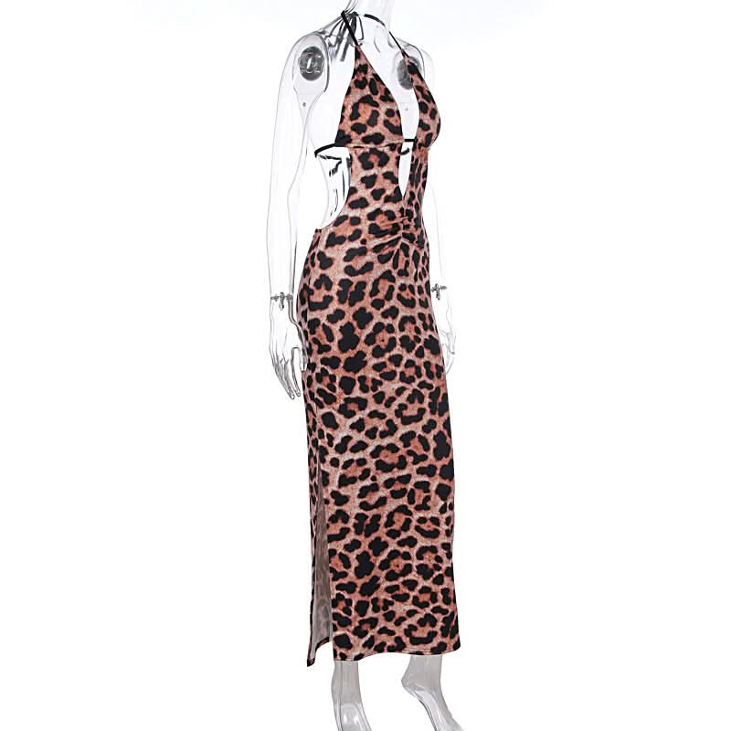 Leopard print hollow out self tie halter slit cut out maxi dress
