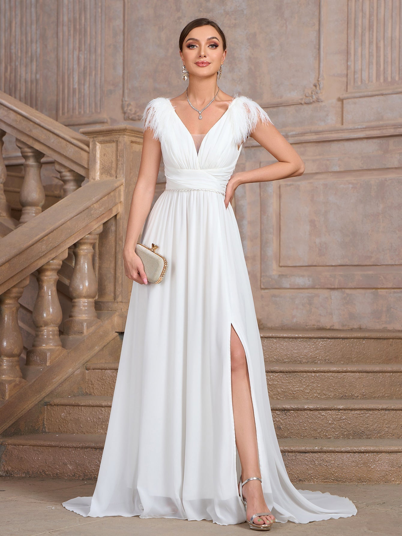 Feather Shoulder Plunge V-Neck Rhinestone Belt Thigh Slit Chiffon Maxi Gown