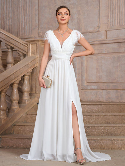 Feather Shoulder Plunge V-Neck Rhinestone Belt Thigh Slit Chiffon Maxi Gown