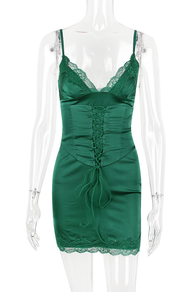 Lace Up Corset V Neck Lace Trim Satin Slip Mini Dress