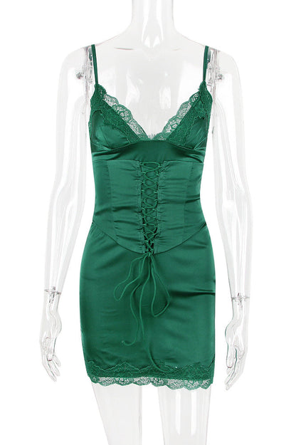 Lace Up Corset V Neck Lace Trim Satin Slip Mini Dress