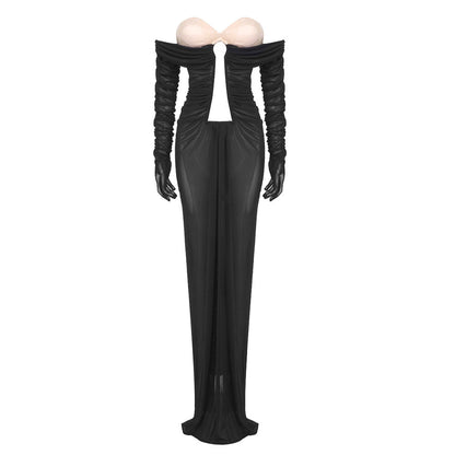 Off Shoulder Ruched Mesh Cutout Glove Sleeve Maxi Gown