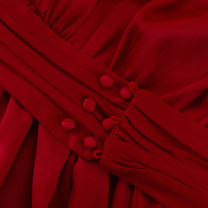 Deep V-Neck Puff Sleeve Ruched Waist Satin A-Line Mini Dress