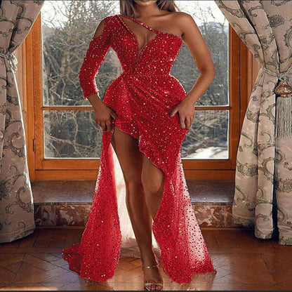 Fall Plus Color One Shoulder Cocktail Dress Hip Dress