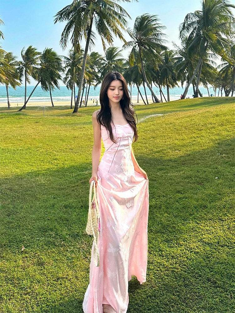 Pink Floral Jacquard Slip Dress Sexy Sheer Summer Holiday Dress