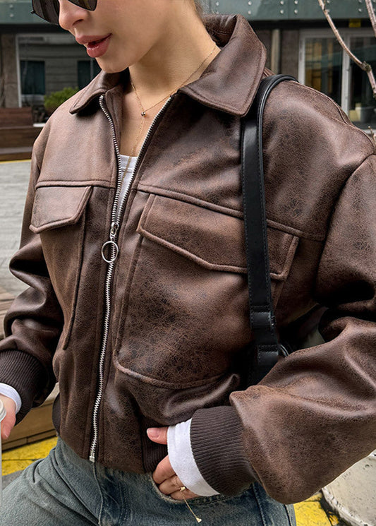 Rustlane - Distressed Faux Leather Zip Jacket