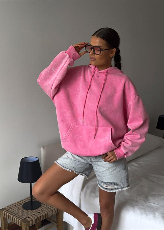 Vibrant Pink Distressed Hoodie
