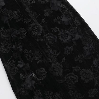 U neck velvet flower pattern slit maxi dress