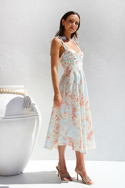Painterly Floral Print Tie Shoulder Bow Sweetheart Fit and Flare Midi Dress