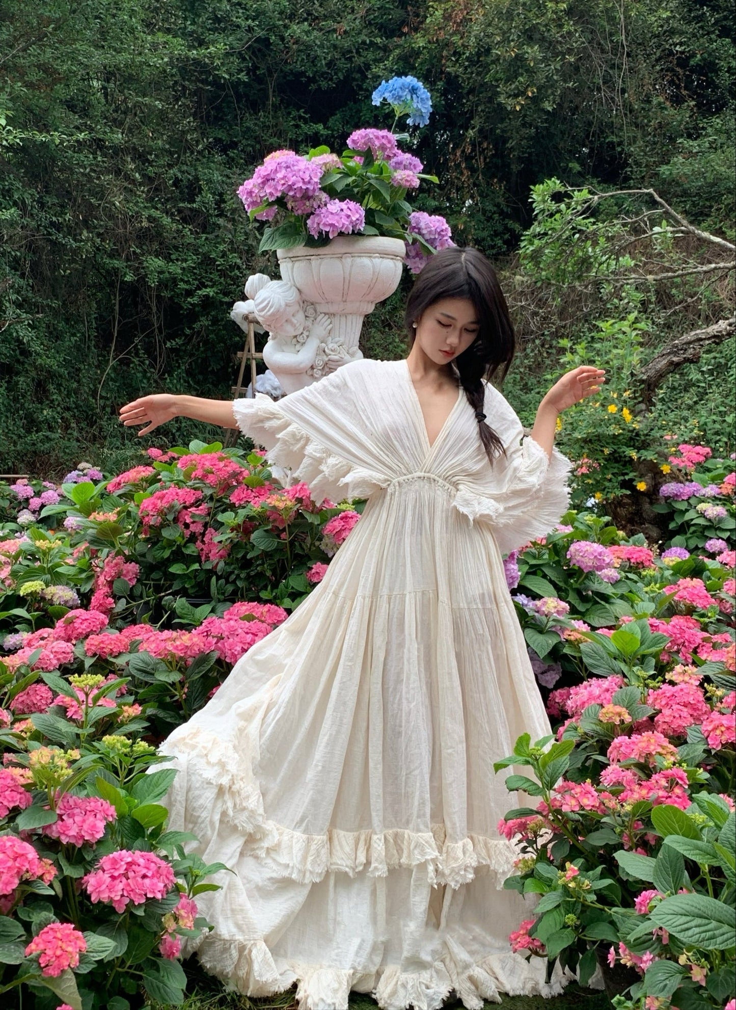 Tailande Linen Maxi Dress V-Neck Ruffle Goddess Gown with 10-Meter Full Hem