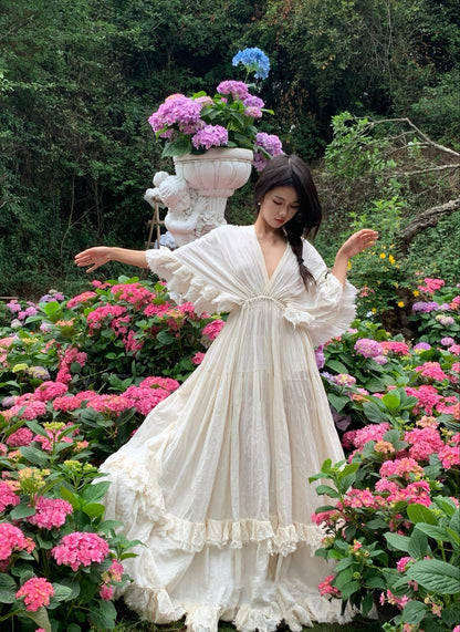 Tailande Linen Maxi Dress V-Neck Ruffle Goddess Gown with 10-Meter Full Hem