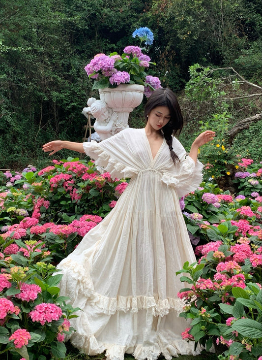 Tailande Linen Maxi Dress V-Neck Ruffle Goddess Gown with 10-Meter Full Hem