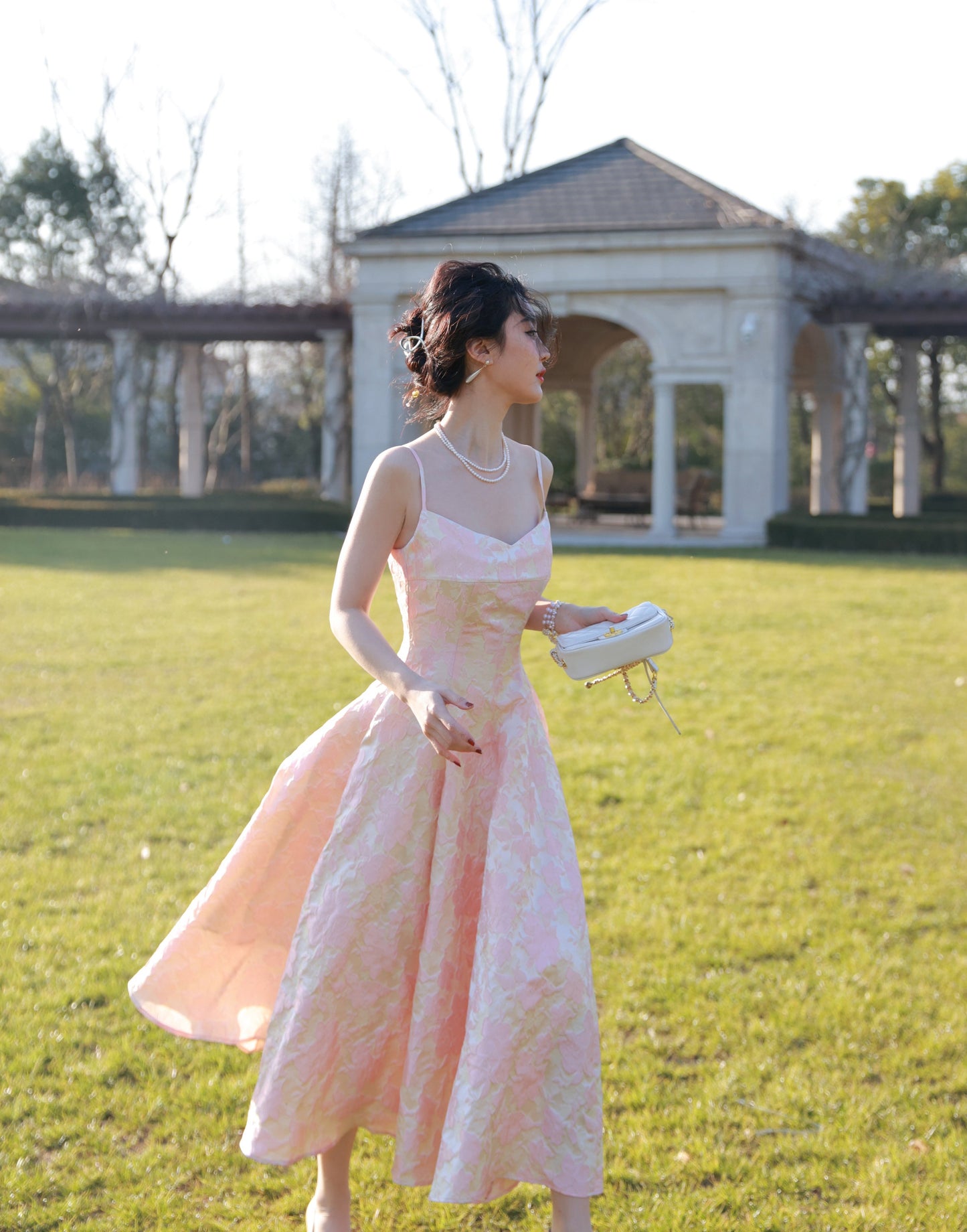 Porcelain Pink Jacquard Princess Dress Vintage Square Neck Slip Dress