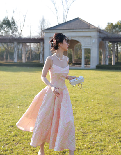 Porcelain Pink Jacquard Princess Dress Vintage Square Neck Slip Dress