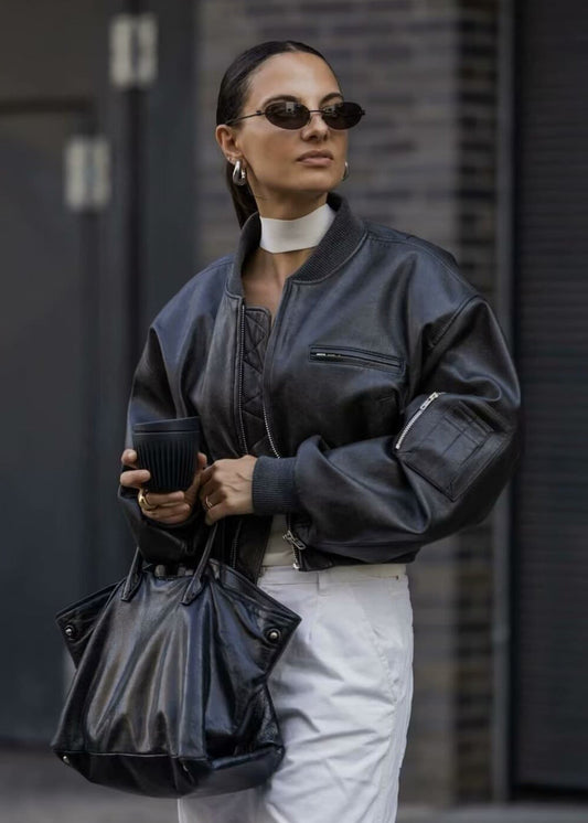 Vera - Cropped Faux Leather Bomber Jacket