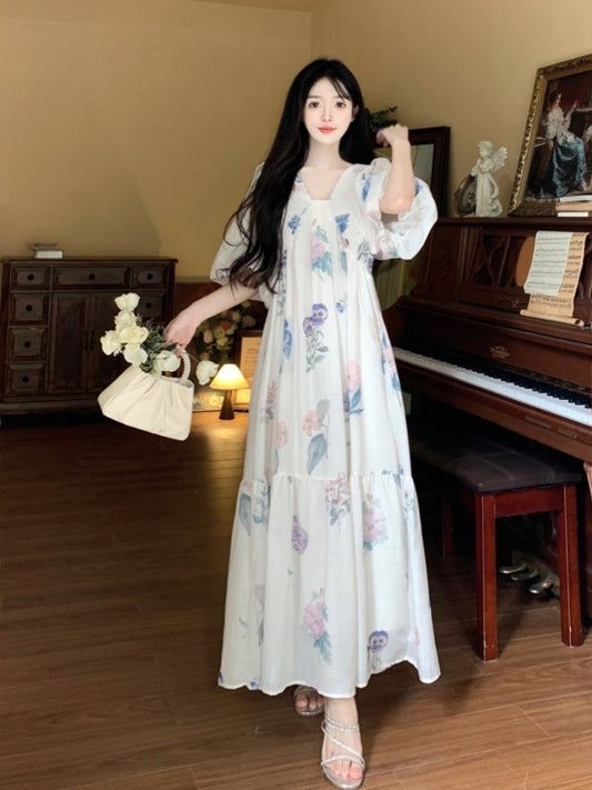 Vintage V-Neck Floral Tea Dress French Plus Size Maxi for Beach Holidays gunne sax vintage dress