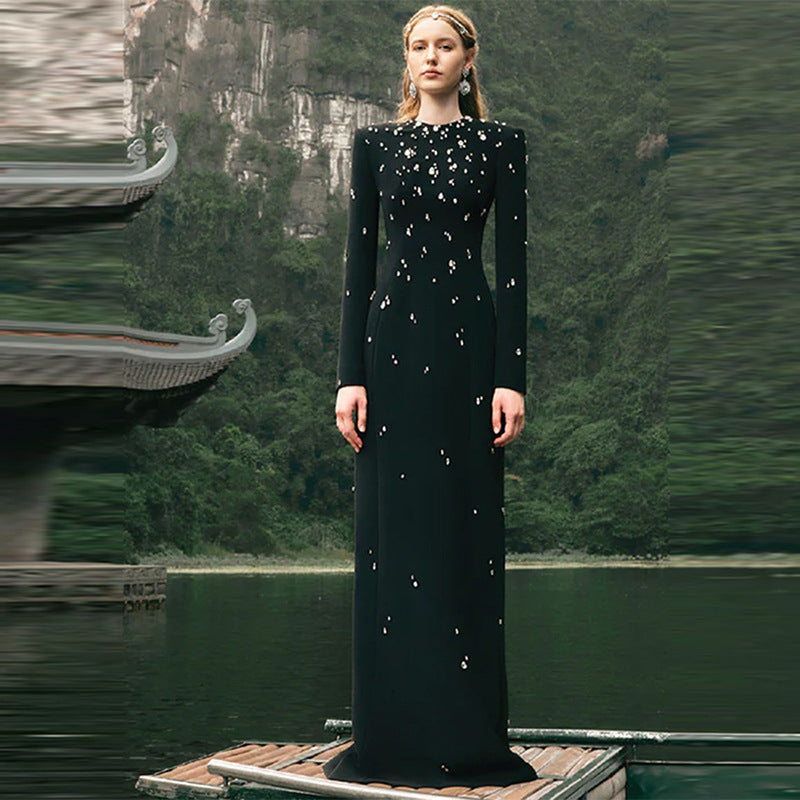 Crew Neck Long Sleeve Crystal Embellished Column Maxi Gown