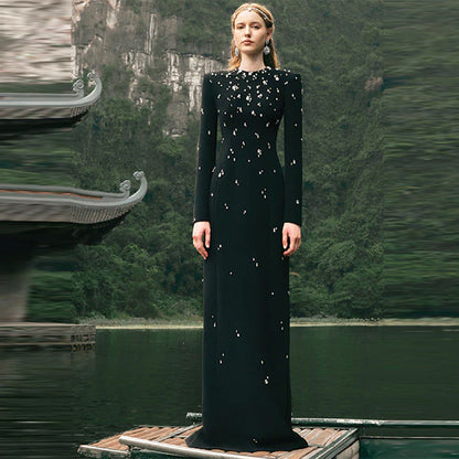 Crew Neck Long Sleeve Crystal Embellished Column Maxi Gown