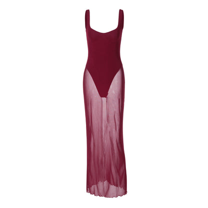 Scoop Neck Bustier Stitch Detail Sheer Mesh Floor-Length Bodycon Dress