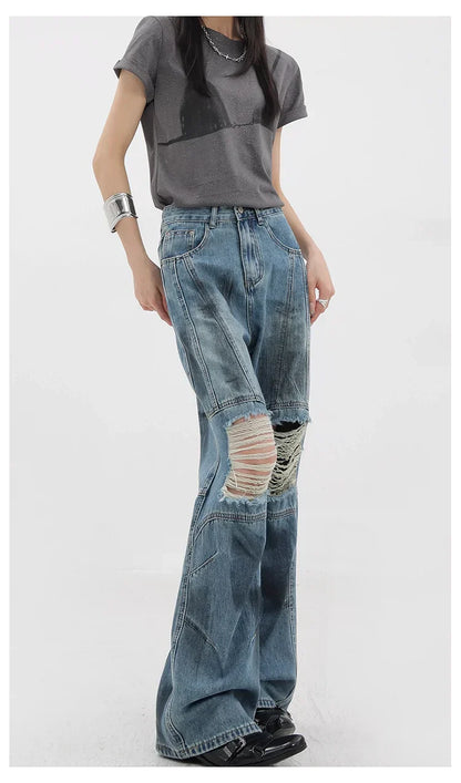 Vintage Distressed And Dirt-Dyed Patchwork Wide-Leg Jeans