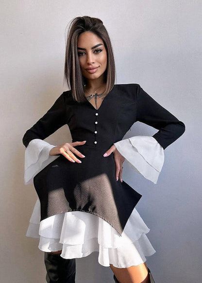 Contrast Ruffle Hem Bell Sleeve Dress