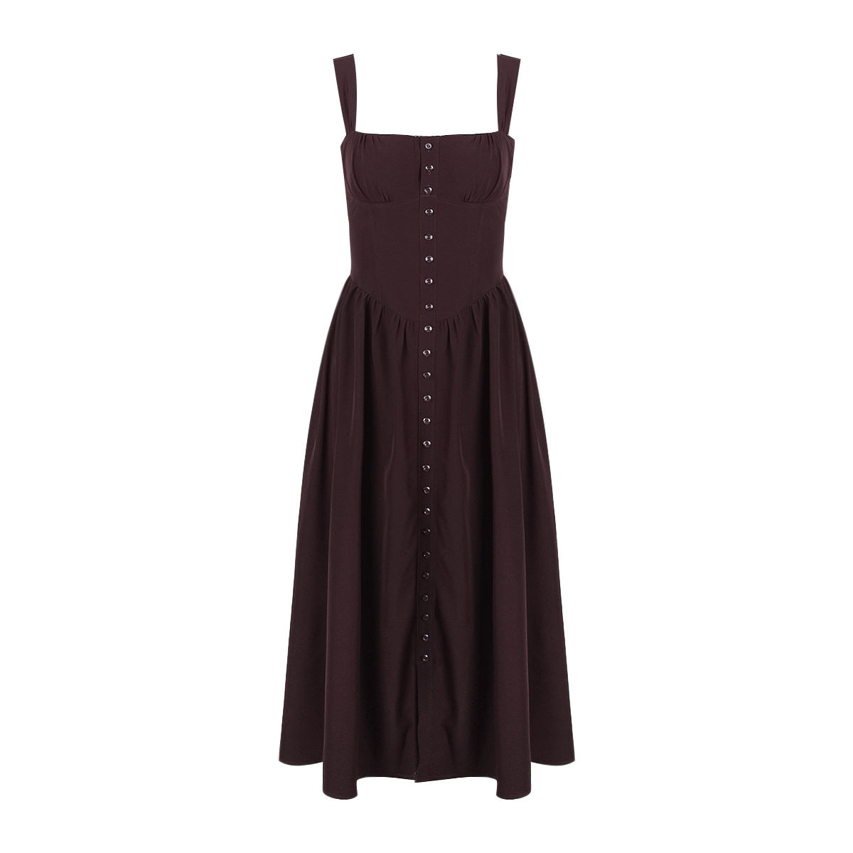 Square Neck Corset Bodice Button Front Pocket Midi Dress